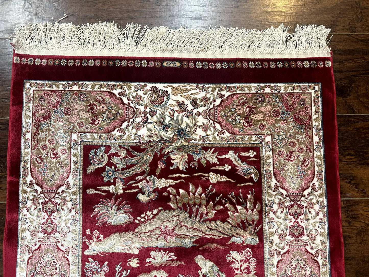 Dark Red Turkish Silk Rug 2.6 x 4, Hunting Design Scene, Bamboo Silk