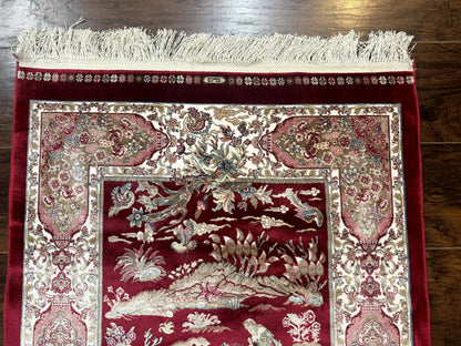 Dark Red Turkish Silk Rug 2.6 x 4, Hunting Design Scene, Bamboo Silk