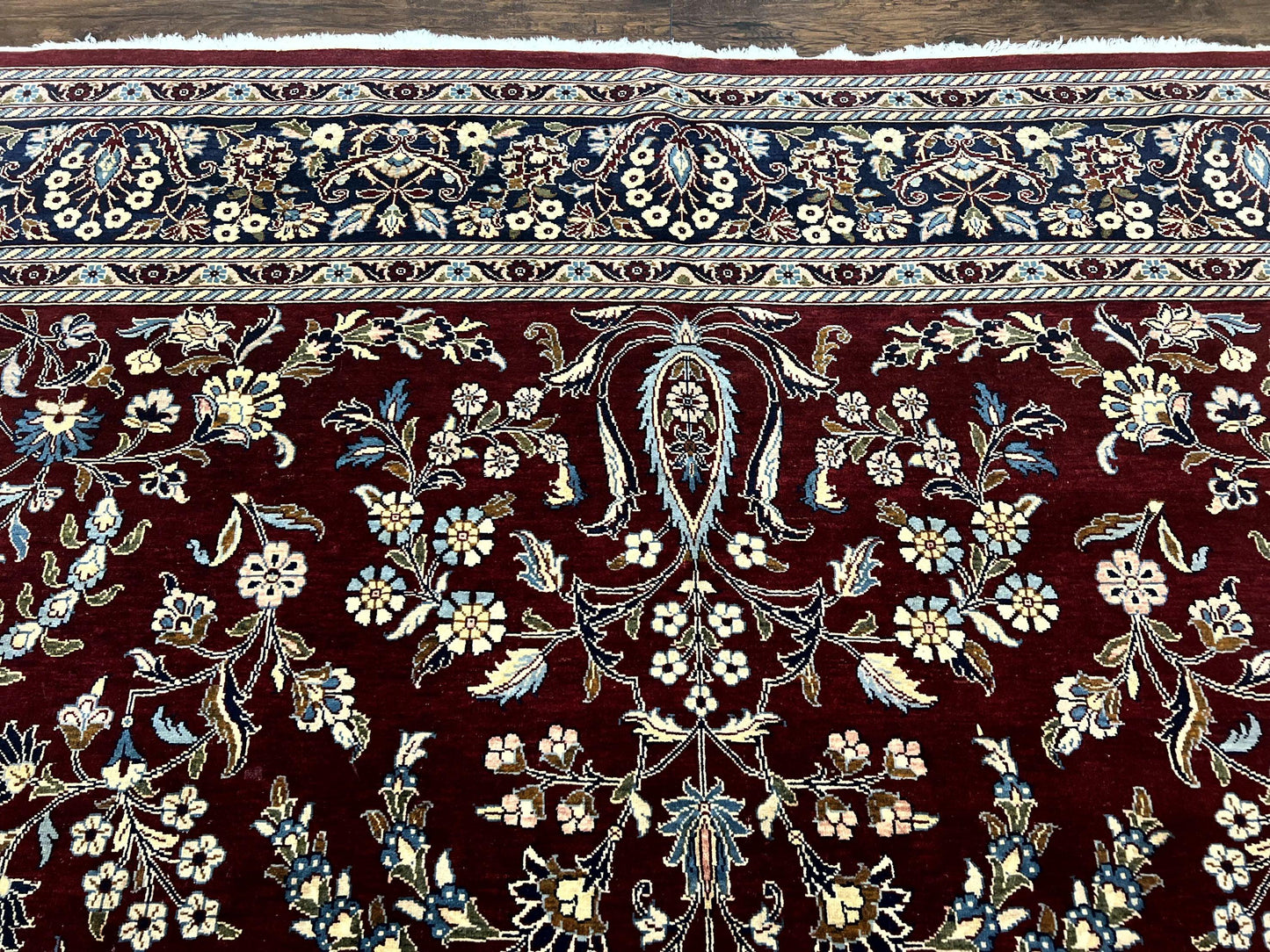 Indo Persian Sarouk Rug 9x12, Floral Allover, Dark Red & Navy Blue, Handmade Vintage Wool Carpet