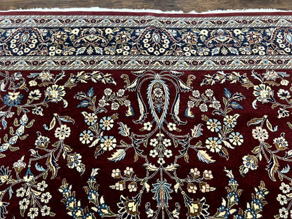 Indo Persian Sarouk Rug 9x12, Floral Allover, Dark Red & Navy Blue, Handmade Vintage Wool Carpet