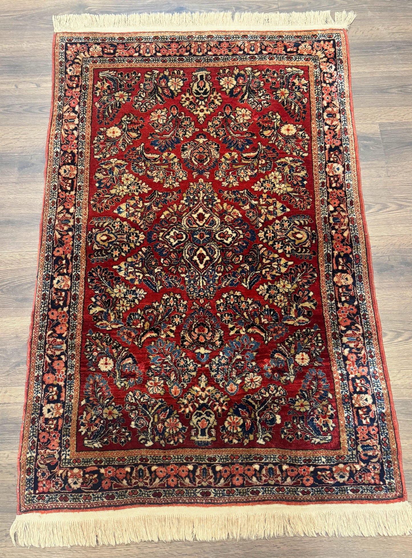Antique Persian Sarouk Rug Hand Knotted 3x5 Red Floral Navy Ivory 200 KPSI