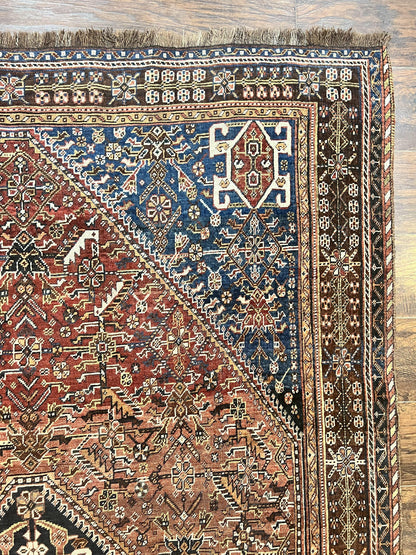 Antique Persian Shiraz Tribal Rug 6x8 Hand Knotted Wool Carpet Red Blue Geometric Design