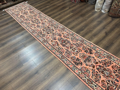 Persian Runner Rug 2.9 x 13.6, Semi Antique Vintage Persian Sarouk Hallway Rug, Wool Oriental Runner, Salmon and Cream, Floral Allover Hand Knotted