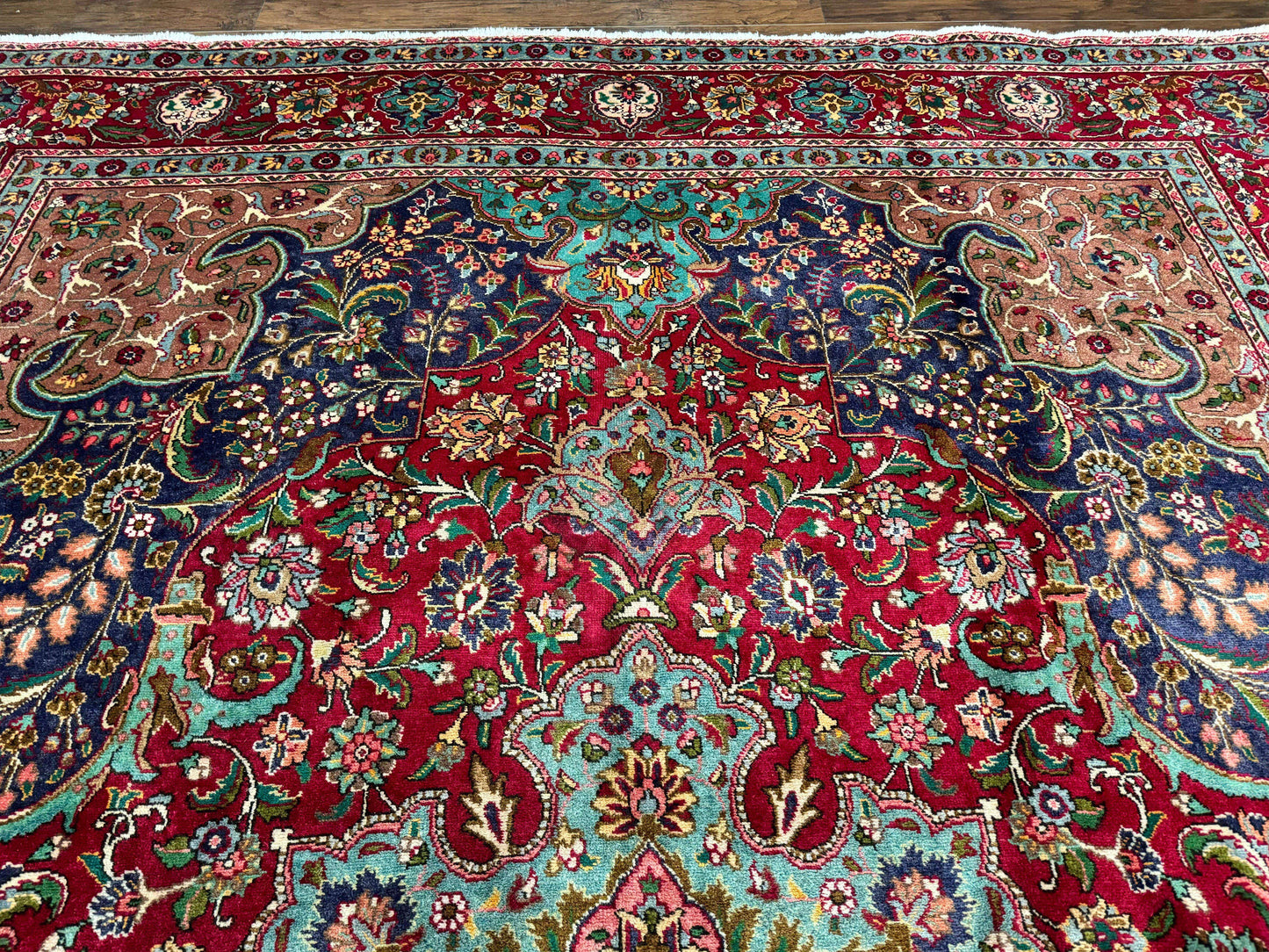 Wonderful Persian Tabriz Rug 10x14, Antique Persian Carpet, Handmade Wool Rug, Floral Medallion, Red Navy Blue, Colorful, Large Persian Area Rug