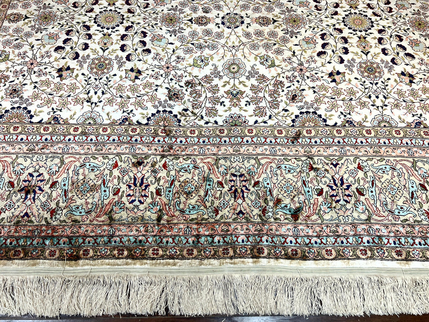 Hereke Silk Rug Vintage 8x12 Handmade Ivory Cream Floral Pattern Pile