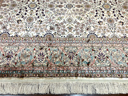 Hereke Silk Rug Vintage 8x12 Handmade Ivory Cream Floral Pattern Pile