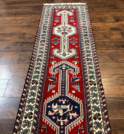 Indo Persian Runner Rug 2.6 x 12, Heriz Geometric Caucasian Design, Animal Pictorials, Tribal Runner Rug, Vintage Handmade Wool Red