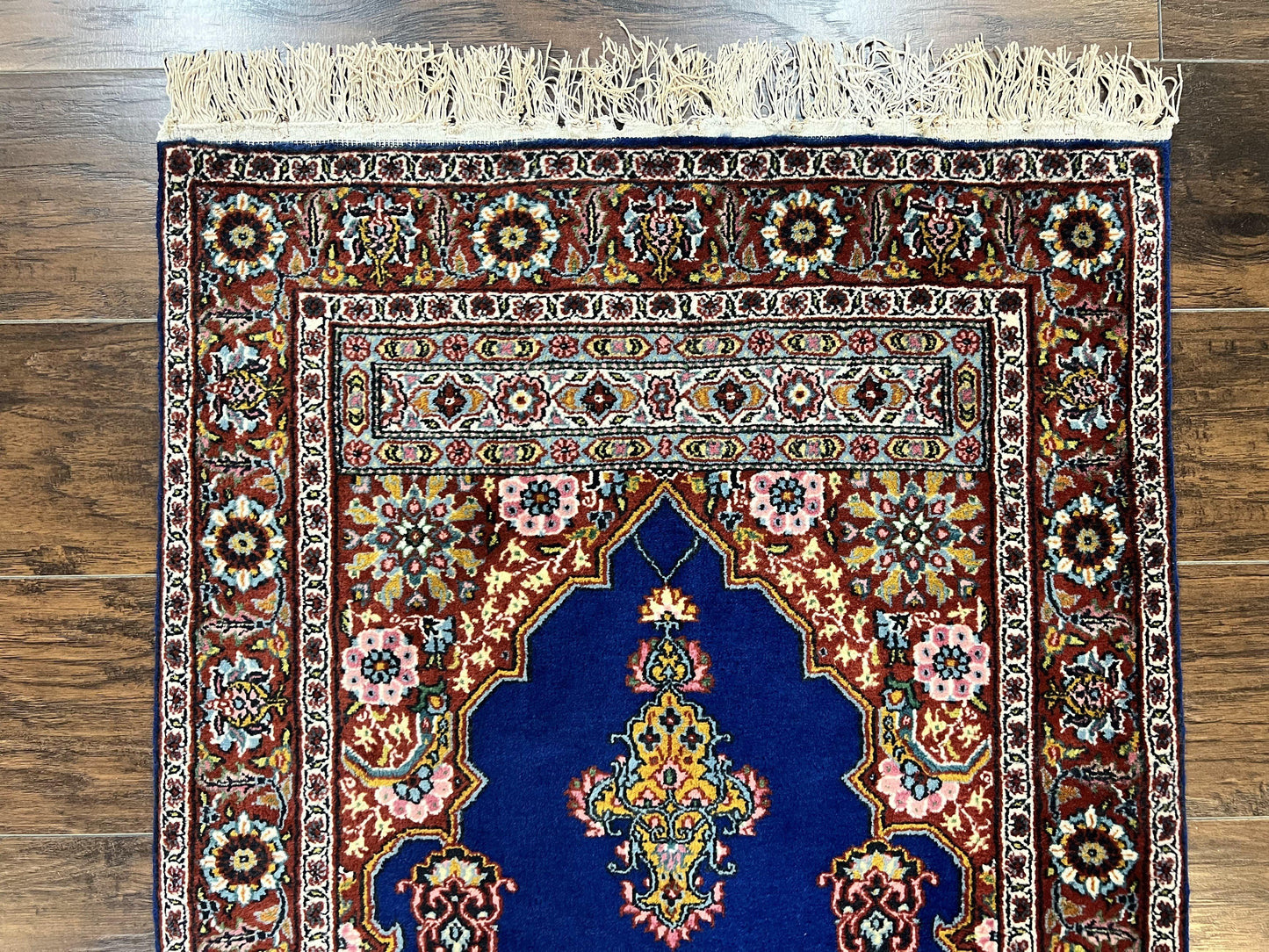Indo Persian Prayer Rug 3x5 Vintage Hand Knotted Handmade Wool Dark Blue And Red Oriental Carpet