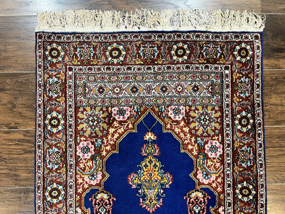 Indo Persian Prayer Rug 3x5 Vintage Hand Knotted Handmade Wool Dark Blue And Red Oriental Carpet