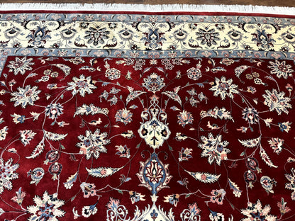 Pak Persian Rug 9x12, Maroon and Ivory, Wool Handmade Vintage