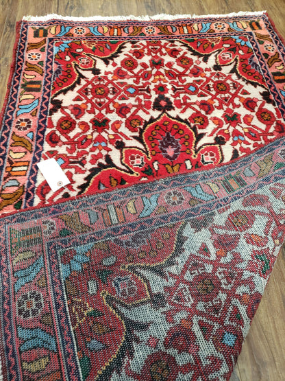 Handmade Floral Wool Rug Turkish Vintage 3 Ft 2 In By 5 Ft 1 In Red Beige Ivory