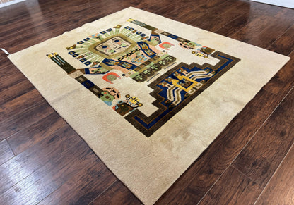 South American Rug 6x7, Unique Native American Design, Ivory, Ecuador Rug, Handmade Wool