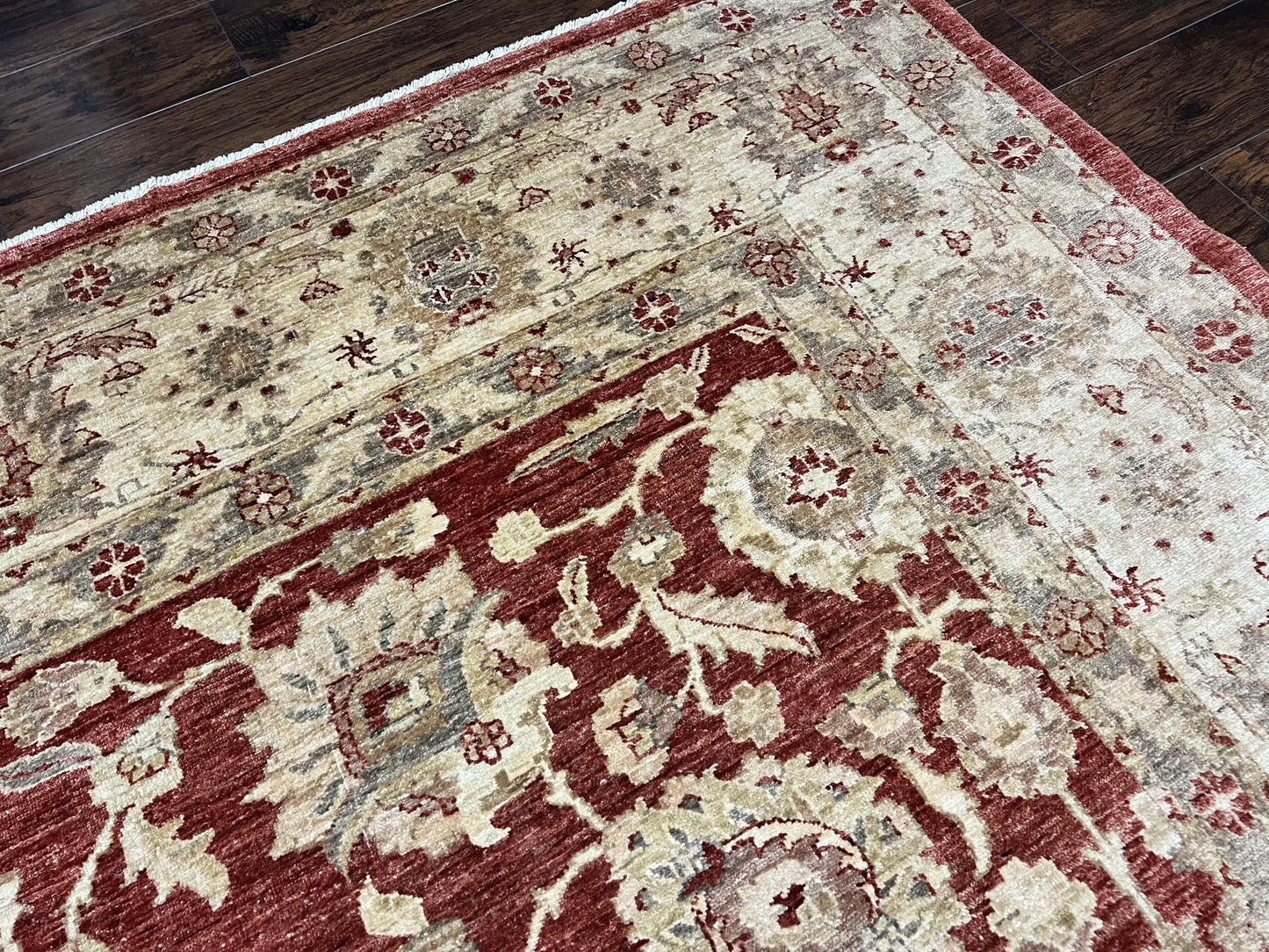 Pak Persian Rug 10x14, Sultanabad Mahal Peshawar Chobi Carpet, Large Vintage Wool Oriental Rug, Maroon & Beige, Floral Allover, Handmade