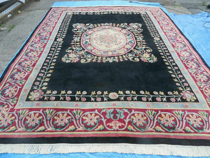 Vintage Chinese Aubusson Hand Knotted Wool Rug 9 By 12 Feet Black