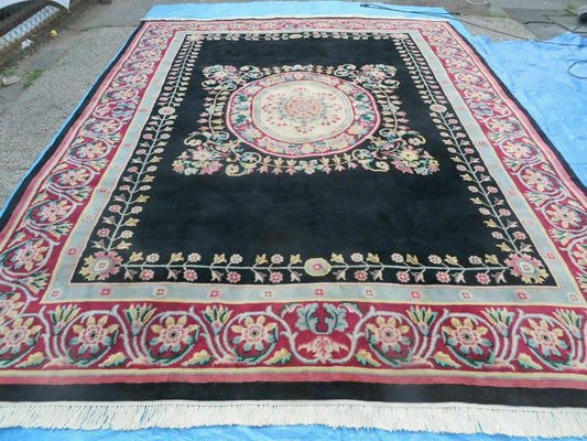 Vintage Chinese Aubusson Hand Knotted Wool Rug 9 By 12 Feet Black