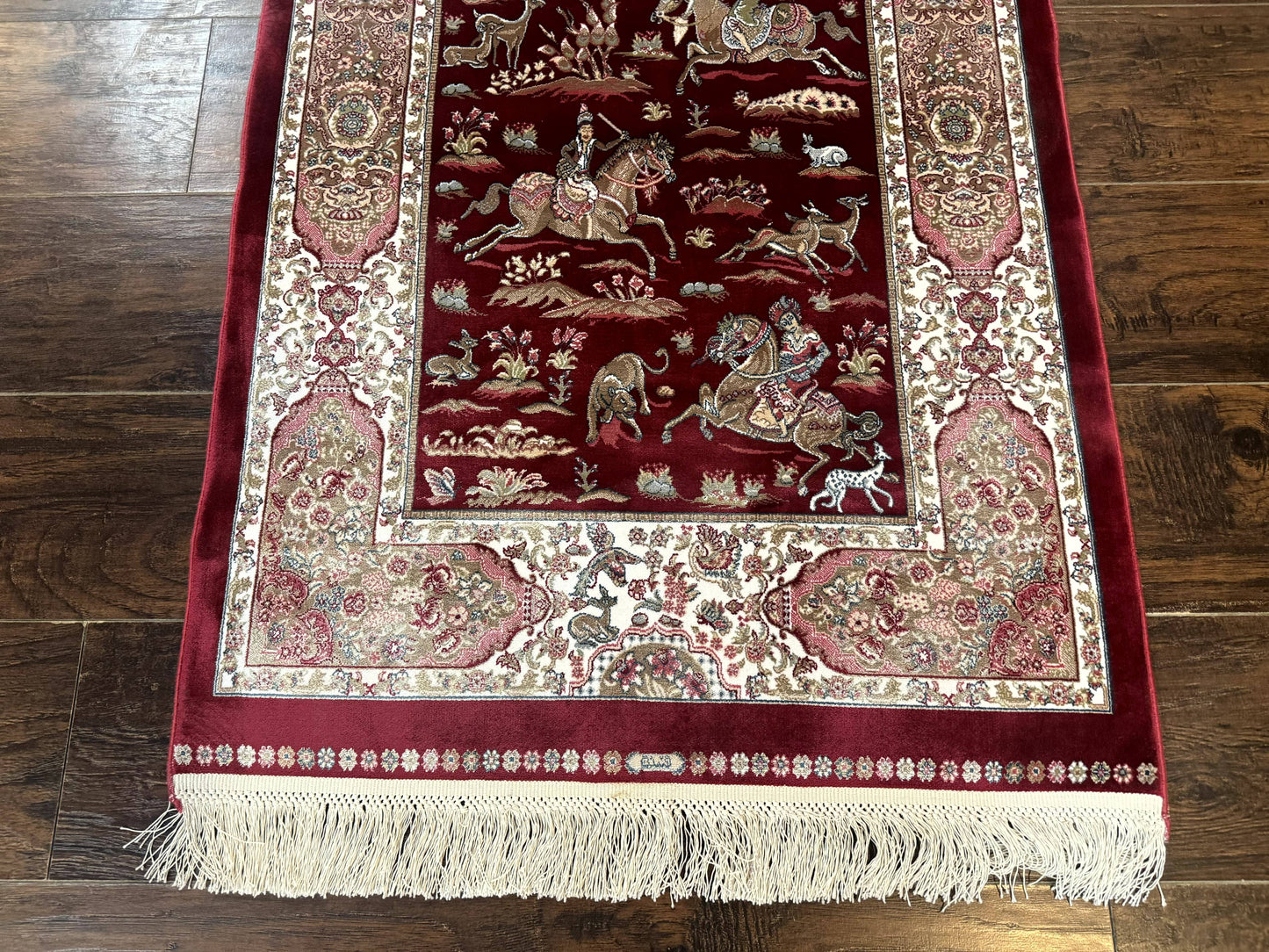 Dark Red Turkish Silk Rug 2.6 x 4, Hunting Design Scene, Bamboo Silk