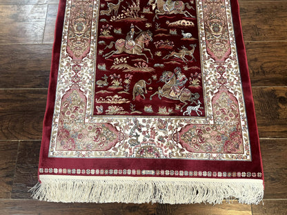 Dark Red Turkish Silk Rug 2.6 x 4, Hunting Design Scene, Bamboo Silk
