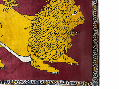 Persian Gabbeh Rug Lion Pictorial Hand Knotted Wool Red Two Foot Nine Inch By Four Foot Four Inch
