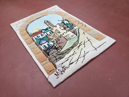 Small Judaica Rug, Rug with Jerusalem Pictorial, Chanuka Gift, Hand-Tufted, Jerusalem Gate, Vintage Judaica, Western Wall Rug, 3x4 Rug
