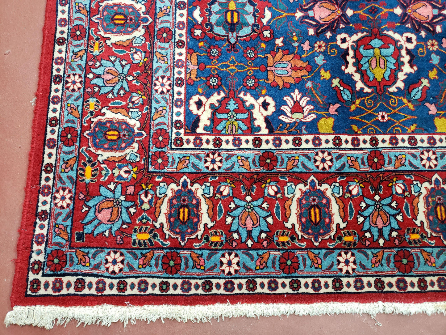 Rare Antique Persian Veramin Carpet, Mina-Khani Pattern, Blue, Red, Ivory, 7x11 ft, Hand-Knotted, Wool