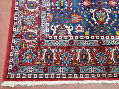 Rare Antique Persian Veramin Carpet, Mina-Khani Pattern, Blue, Red, Ivory, 7x11 ft, Hand-Knotted, Wool
