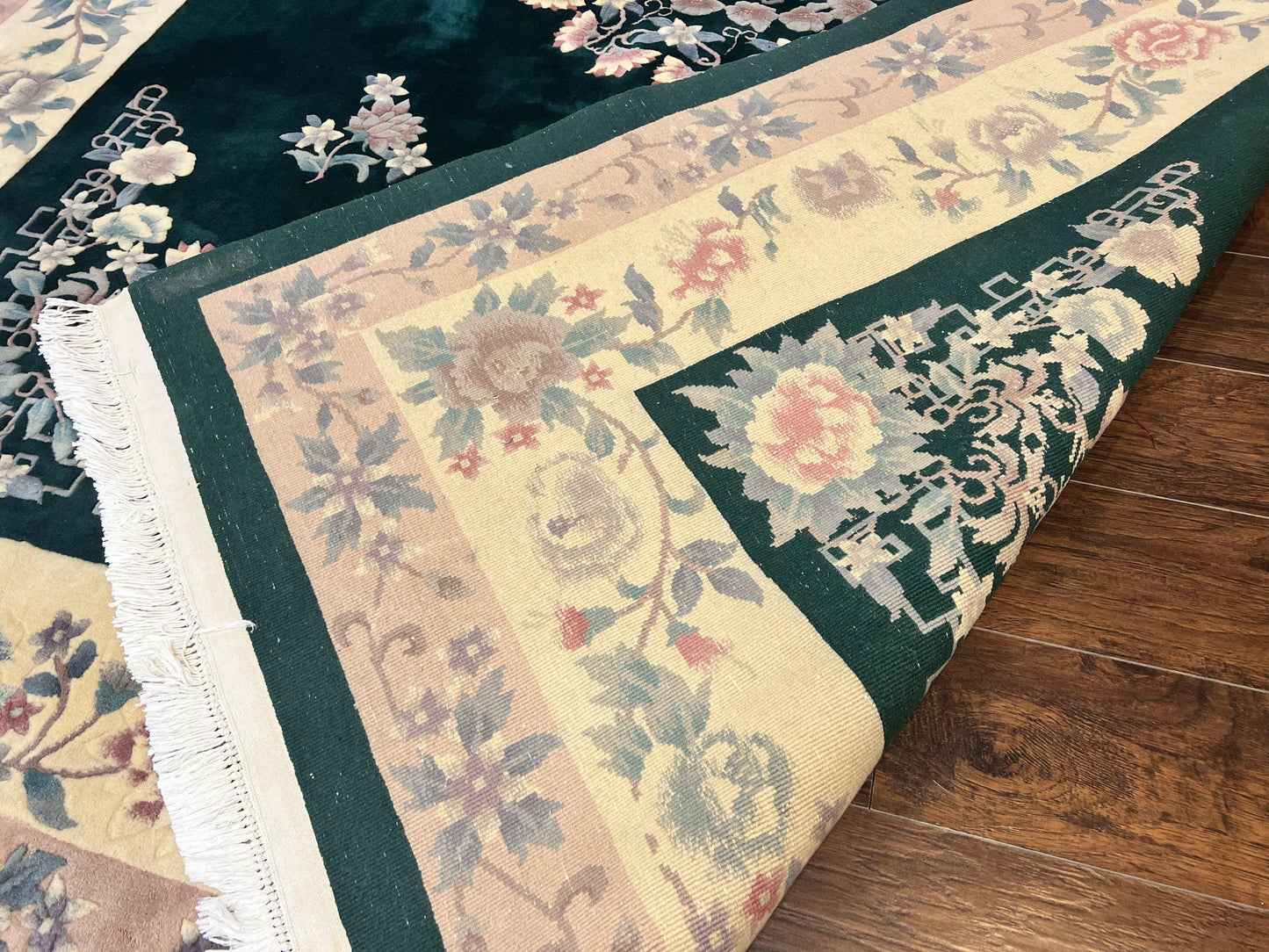 Chinese Art Deco Wool Hand Knotted Rug 9x12 Vintage Carpet Dark Green Cream