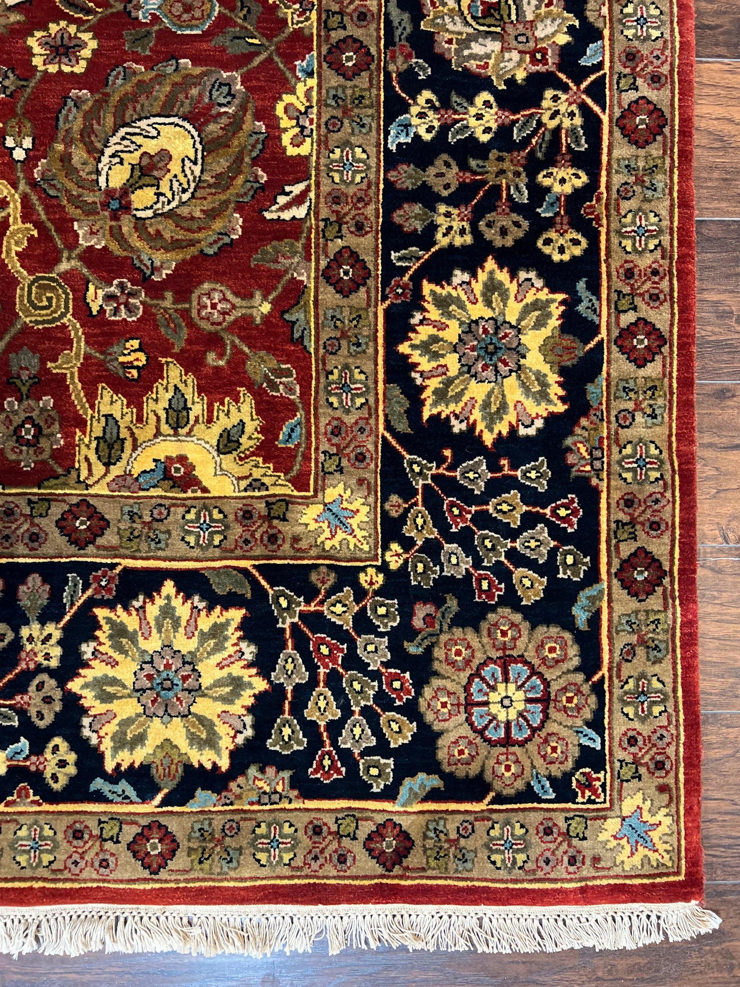 Indo Persian Rug 9x12, Hand Knotted Traditional Indian Wool Oriental Carpet 9 x 12 ft, Maroon and Navy Blue, Floral Allover 9x12 Vintage Rug