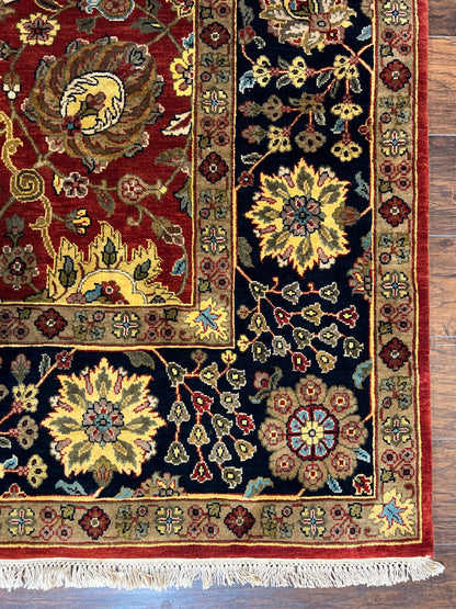 Indo Persian Rug 9x12, Hand Knotted Traditional Indian Wool Oriental Carpet 9 x 12 ft, Maroon and Navy Blue, Floral Allover 9x12 Vintage Rug