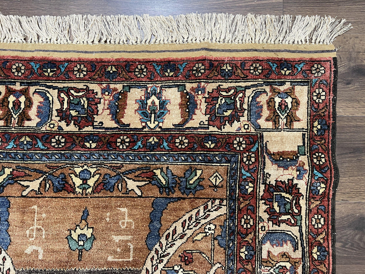 Unique Afghan Silk Rug 4x6, Hunting Pattern Animal Motifs, Light Brown and Cream, Persian Handwritten Poetry, Fine 1940s Oriental Carpet Wow