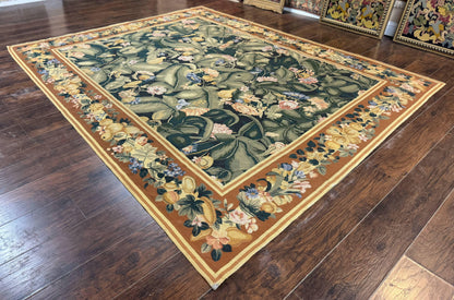 Needlepoint Rug 8x10, Vintage, Handmade, Wool, Green, Leaves & Fruits