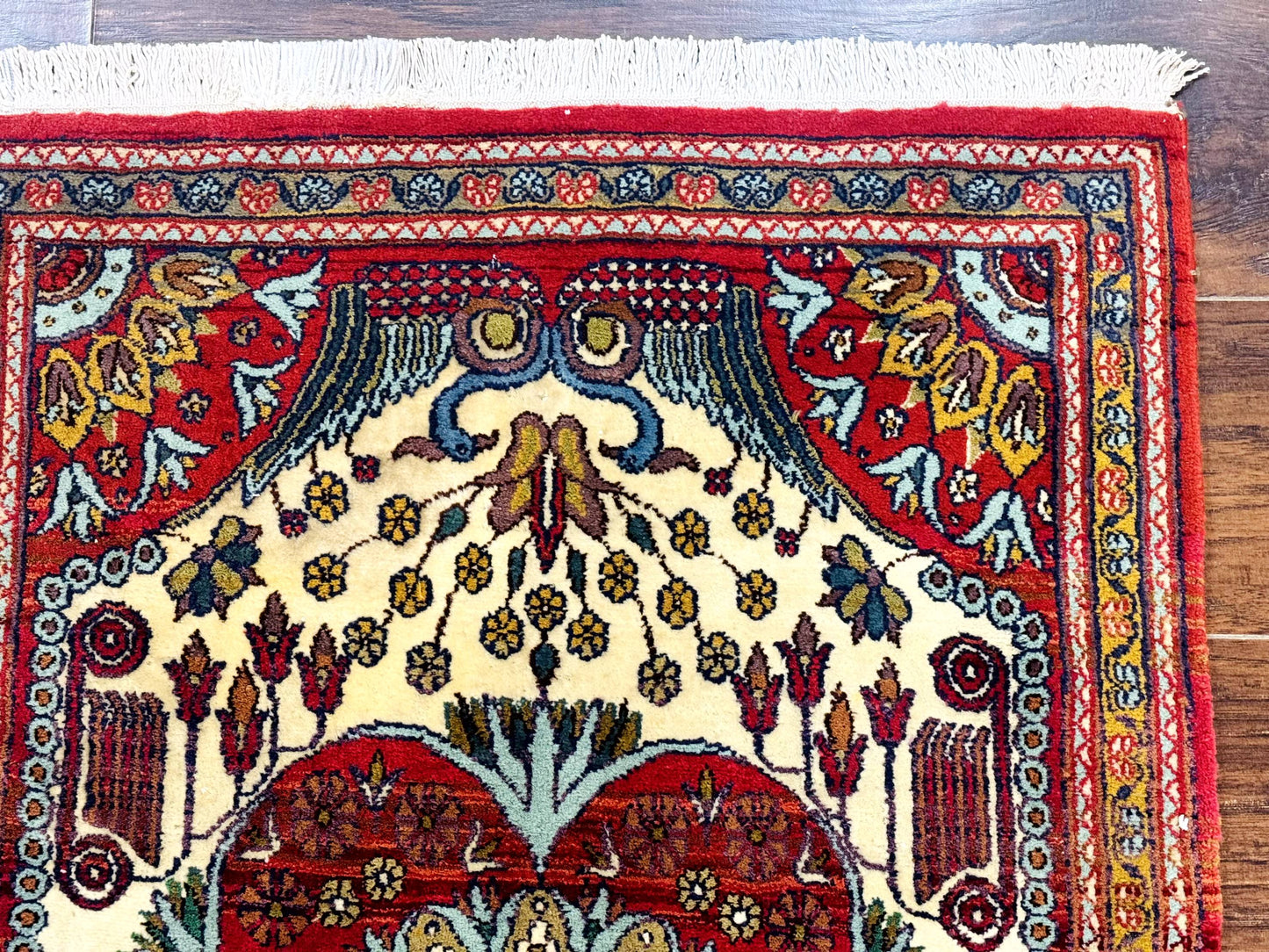 Persian Bijar Rug 2.6 x 4 Vintage Hand Knotted Wool Carpet Brick Red Ivory