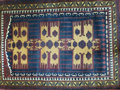 Vintage Balouchi Rug Tribal Wool 3x4 Handmade Natural Dyes