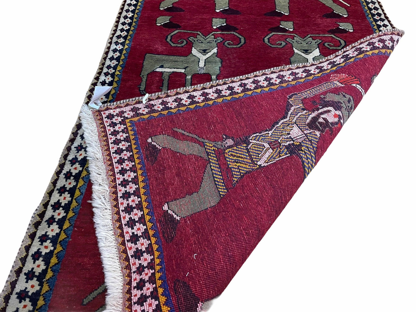 Handmade Wool Rug 3x6 Tribal Balouch Warriors Deer Pictorial Red Swords
