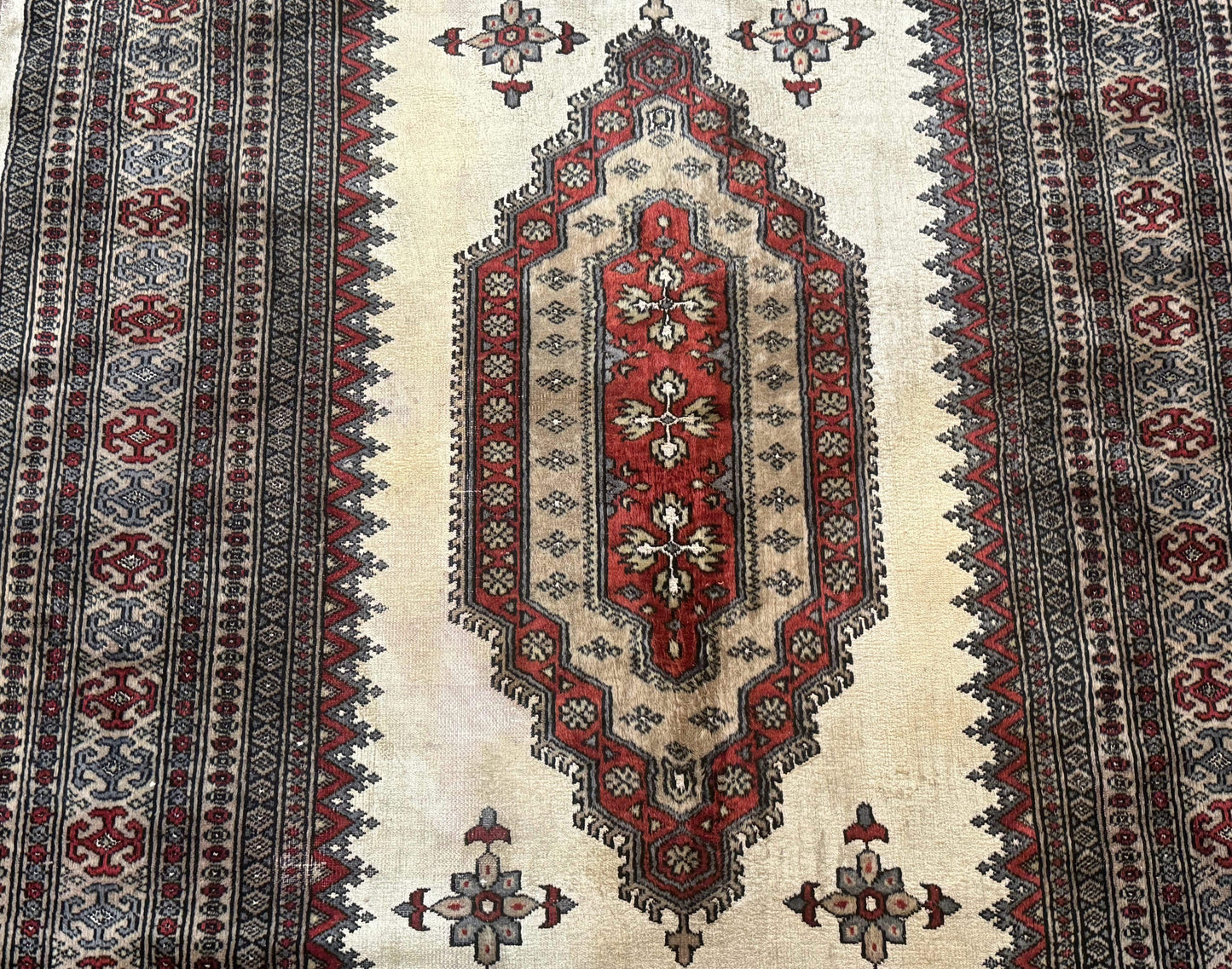 Pakistani Turkoman Rug 4x6, Semi Open Field, Ivory, Vintage