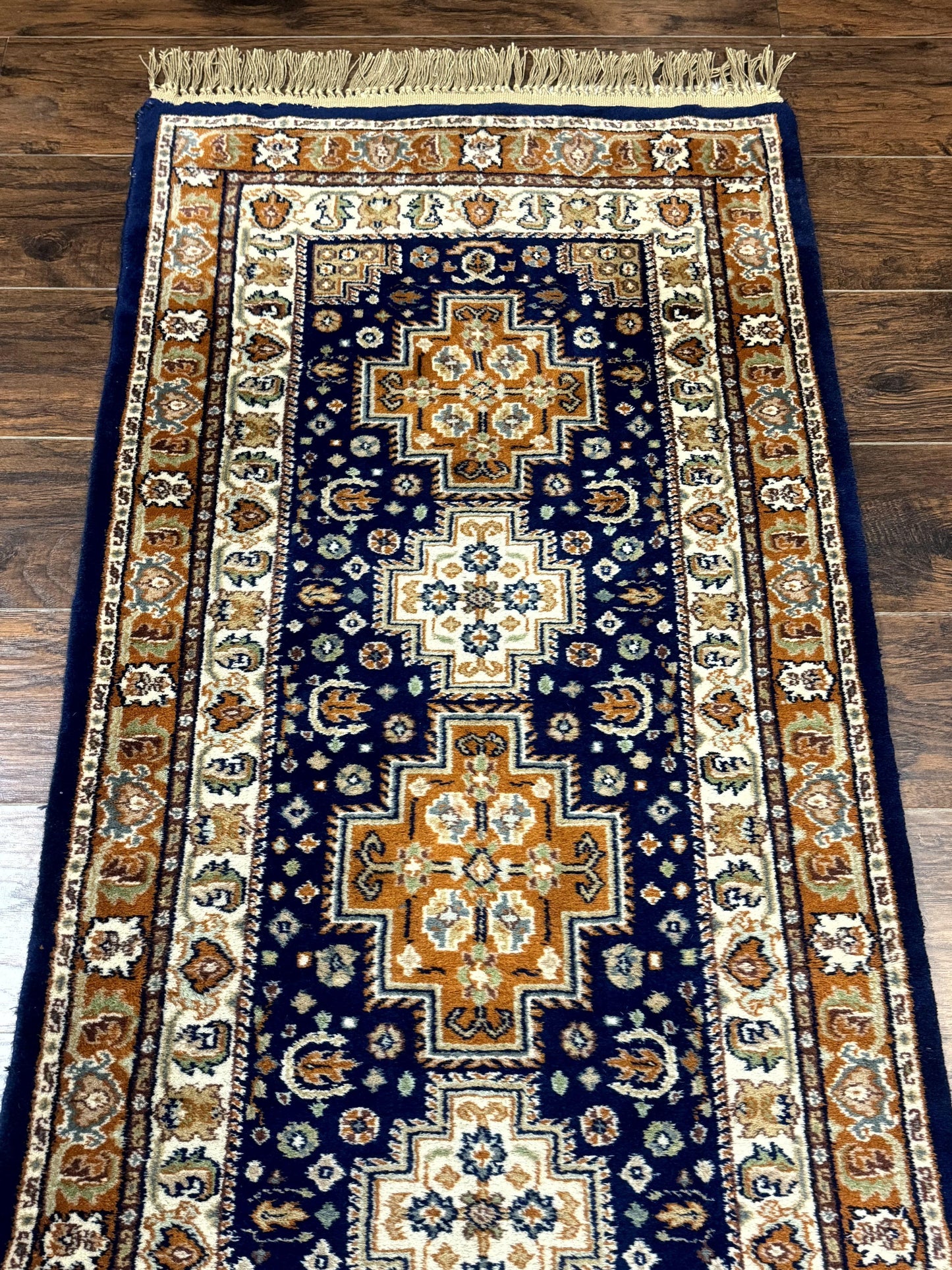 Indo Persian Runner Rug 2.6 x 12.7, Indian Kashmiri Runner for Hallway or Kitchen, Navy Blue, Geometric Medallions, Handmade Wool