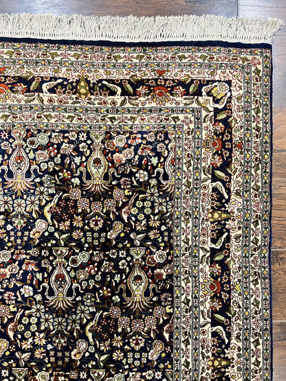 Kashmiri Silk Rug 5x7 Navy Blue Indo Persian Hand Knotted Birds Pattern Silk Carpet