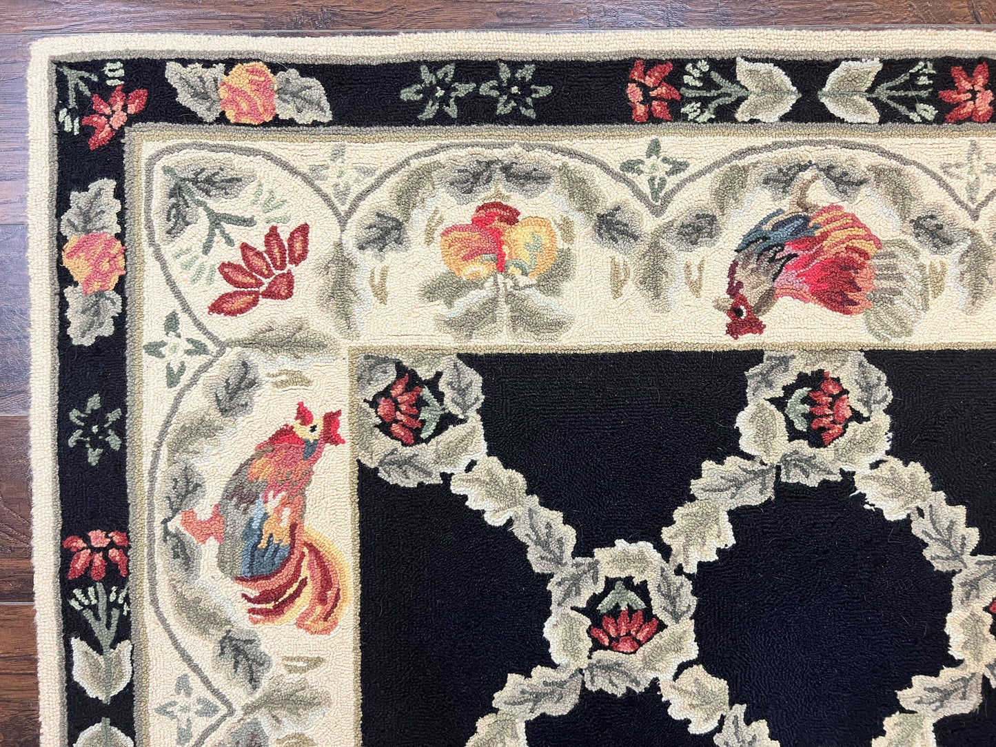 Hooked Rug 5x8 Vintage Wool Aubusson Pattern With Roses And Roosters