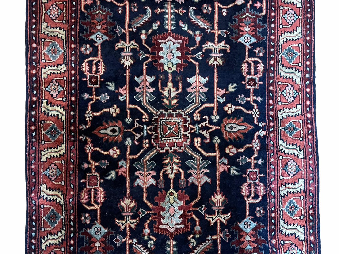 Handmade Wool Geometric Rug 4x6 Vintage Hand Knotted Organic Dyes Blue Red Area Rug