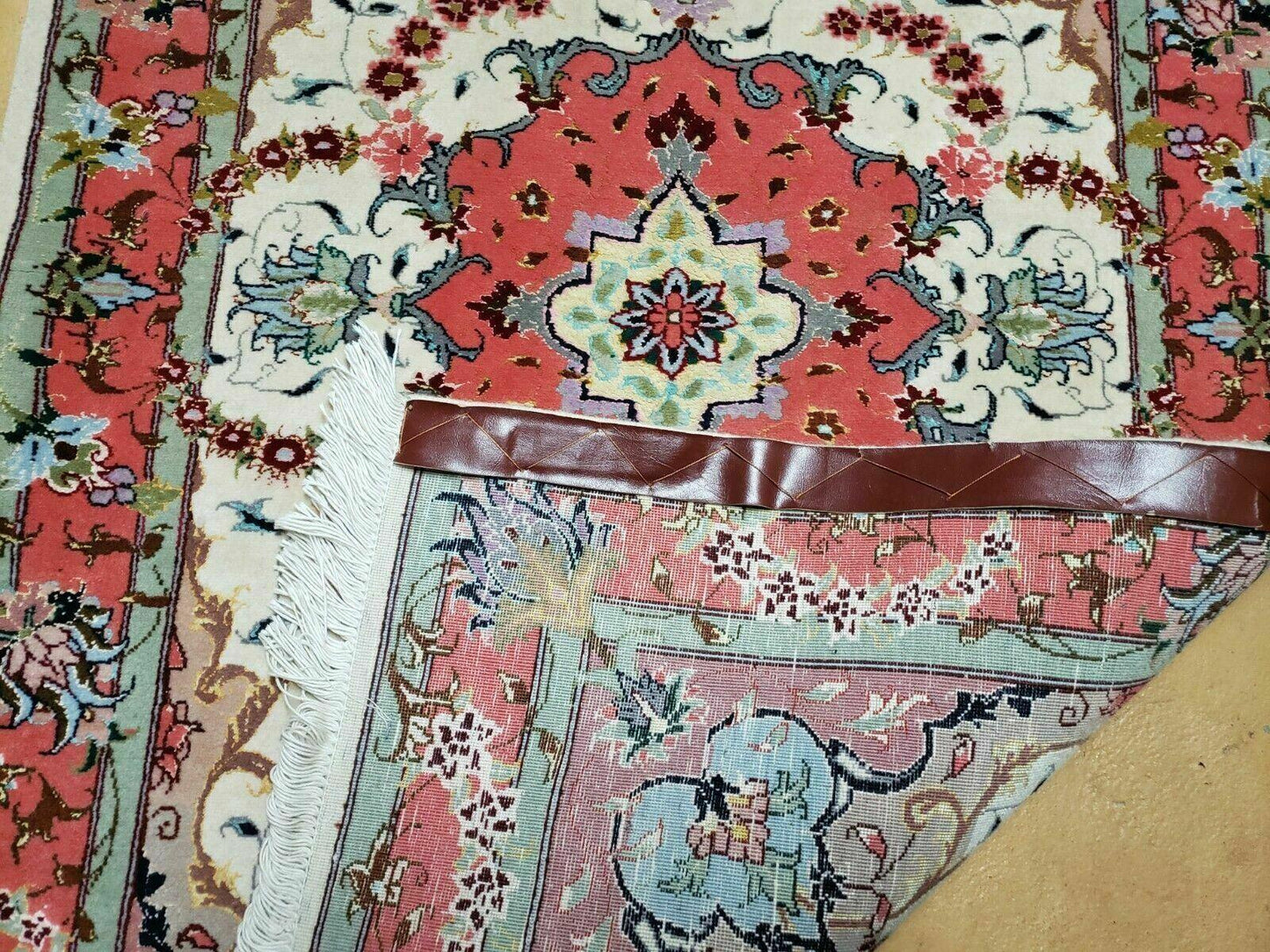 Small Vintage Persian Tabriz Wool and Silk Rug 2.5 x 4 ft, Very Finely Hand Knotted, Medallion, Ivory Salmon Light Blue, Top Quality, Pair B