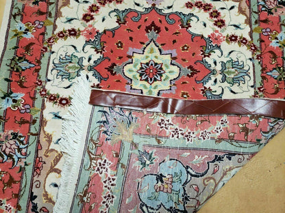 Small Vintage Persian Tabriz Wool and Silk Rug 2.5 x 4 ft, Very Finely Hand Knotted, Medallion, Ivory Salmon Light Blue, Top Quality, Pair B