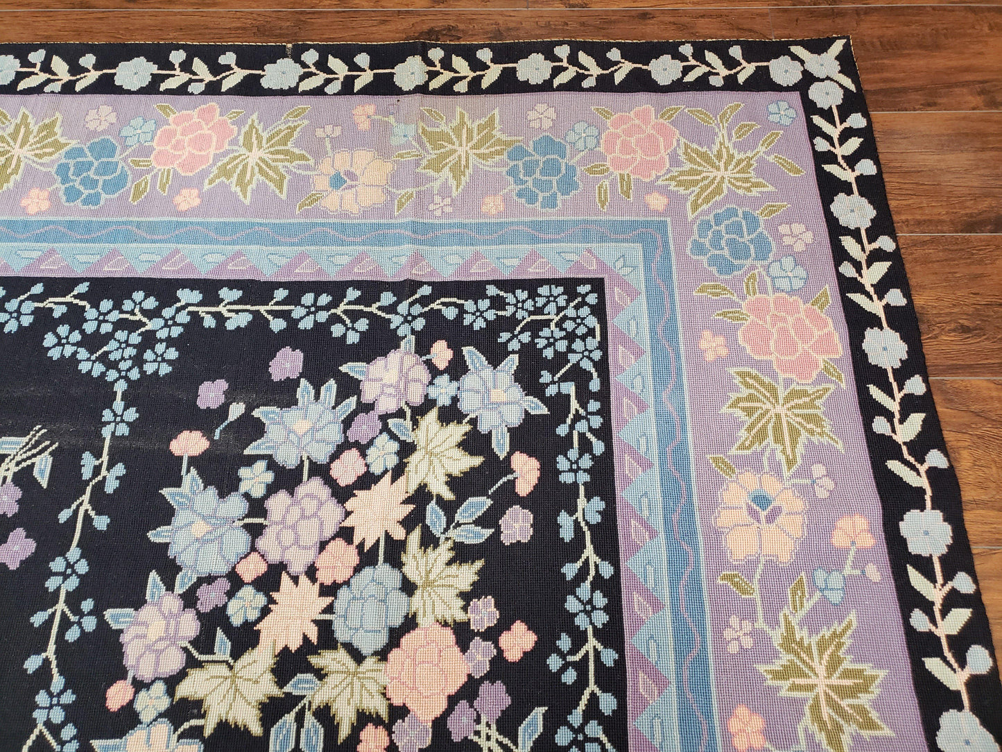Chinese Needlepoint Rug Hand Woven Wool Vintage Floral Garden European Aubusson Design