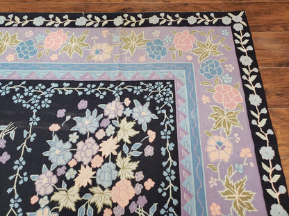 Chinese Needlepoint Rug Hand Woven Wool Vintage Floral Garden European Aubusson Design
