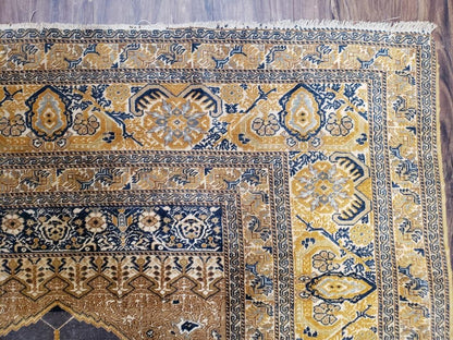 Rare Turkish Ghiordes Prayer Rug 4 x 5.8 ft, Late 19th Century Turkish Oriental Carpet, Mehrab Antique Prayer Rug, Museum Quality, Blue, Tan