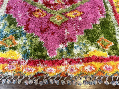 Colorful Shag Rug 8x10 Wool Area Rug In Fuchsia And Multicolor Vintage Power Loomed