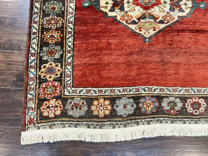 Antique Persian Bidjar Rug 4x8 Hand Knotted Wool Carpet With Triple Medallions 1920s Red