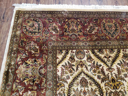 Vintage Indo Persian Area Rug 9x12, Wool Hand-Knotted Ivory & Dark Red Oriental Carpet, Fine Weave 9 x 12 Indian Rug, Dining Room Rug