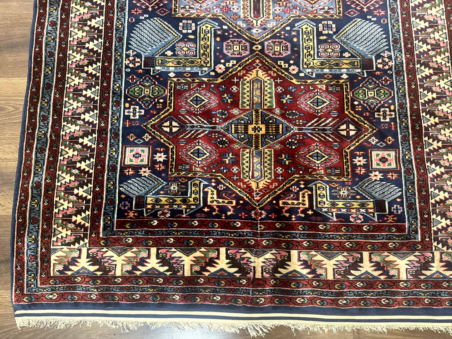 Indian Rug with Caucasian Design, 4x6 Geometric Carpet, Navy Blue and Cream