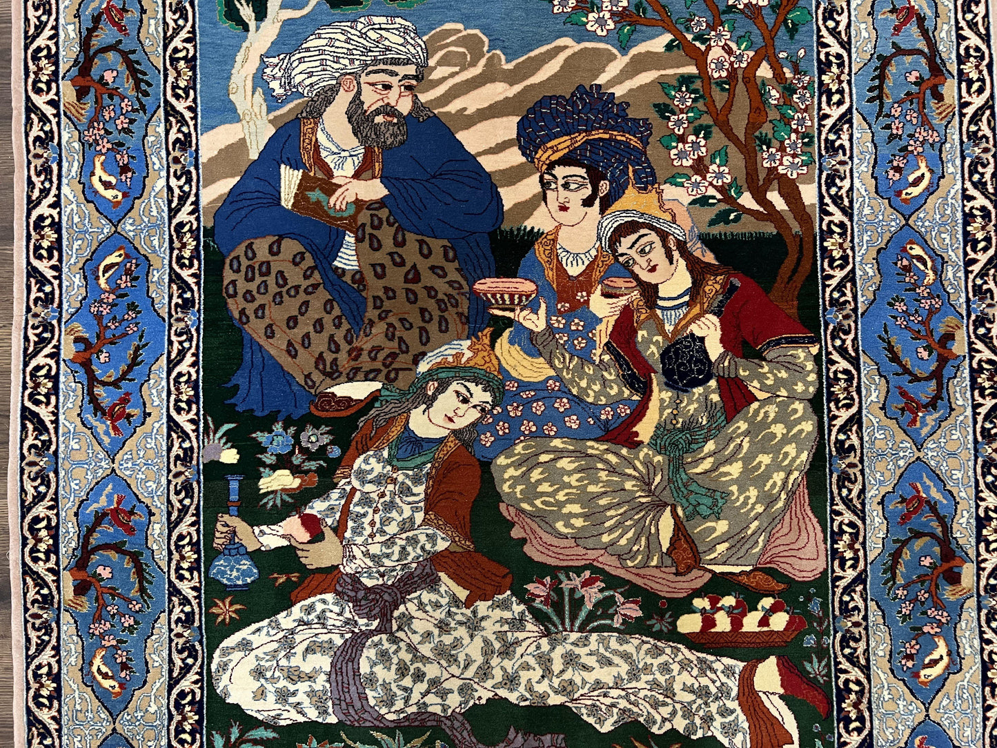 Fine Persian Isfahan Pictorial Rug 3.7 x 5, Kork Wool on Silk Foundation, Blue Persian Carpet, Hand Knotted, Humans Birds, High KPSI, Semi Antique