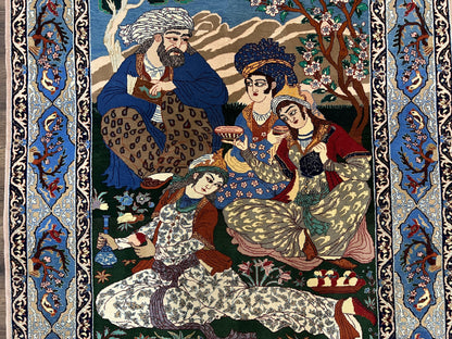 Fine Persian Isfahan Pictorial Rug 3.7 x 5, Kork Wool on Silk Foundation, Blue Persian Carpet, Hand Knotted, Humans Birds, High KPSI, Semi Antique