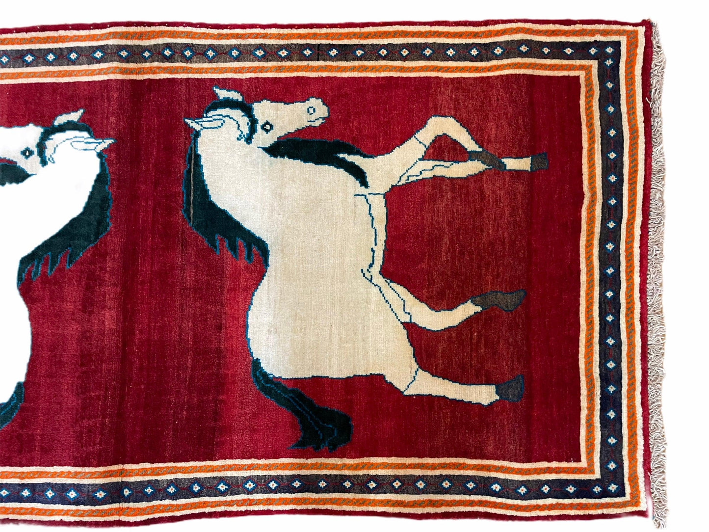 Handmade Hand-Knotted Wool Rug With Horses Motif Vintage White And Red 3.5 x 6